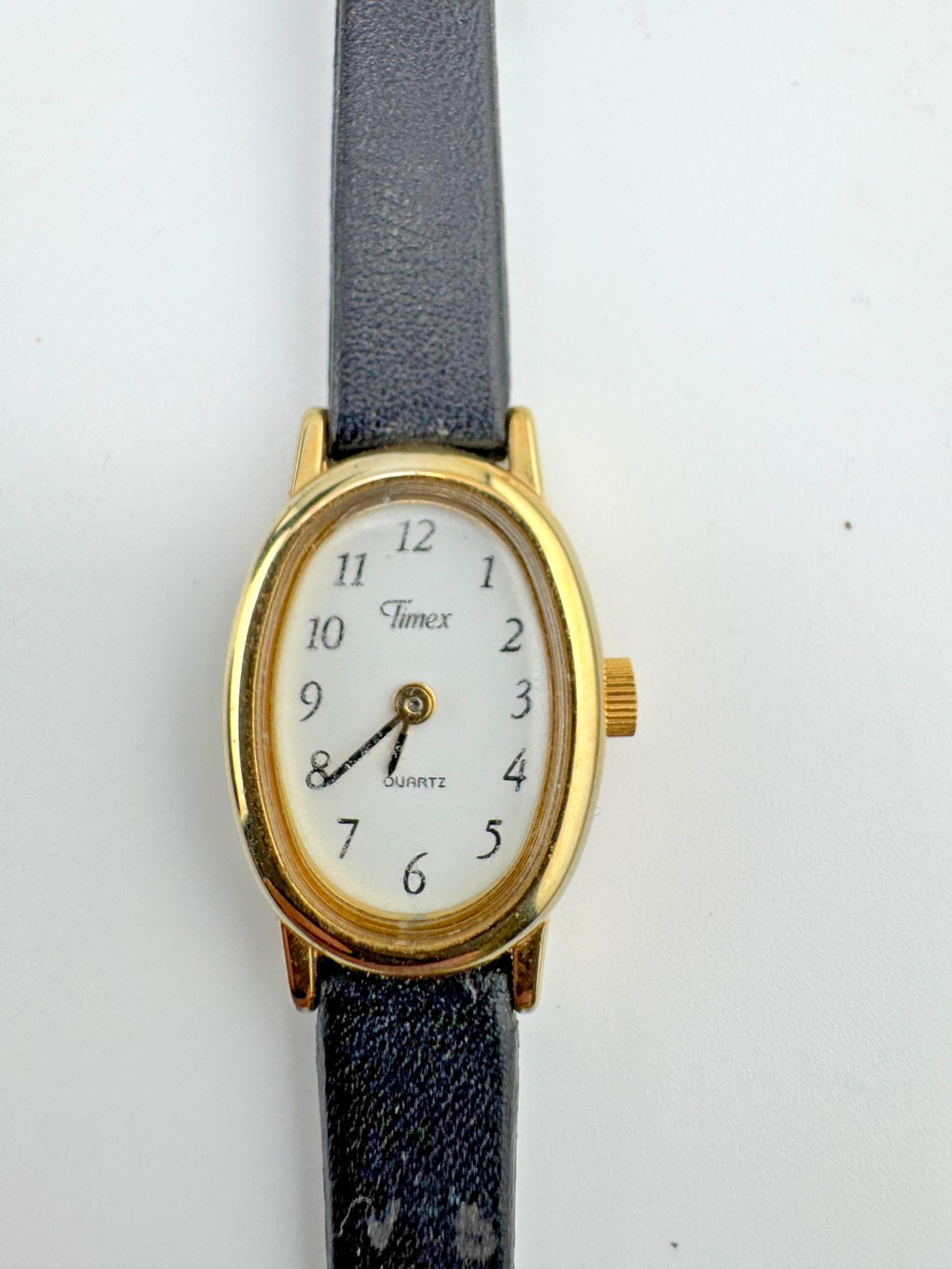 Timex Ladies Quartz Watch Gold Tone Oval Case Black Leather Band Vintage